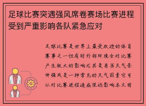 足球比赛突遇强风席卷赛场比赛进程受到严重影响各队紧急应对